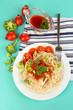 Photo : Tasty spaghetti with sauce and vegetables Tasty spaghetti with sauce and vegetables