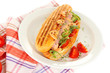 Delicious hot dog on plate isolated on white
