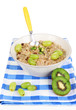 Useful oatmeal in bowl with fruit isolated on white