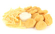 Fried chicken nuggets with french fries and sauce isolated