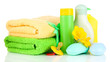 Baby cosmetics, soap and towels, isolated on white
