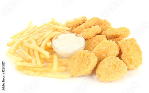 Photo: Fried chicken nuggets with french fries and sauce isolated Fried chicken nuggets with french fries and sauce isolated