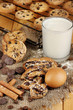 Chocolate cookies on the baking with glass of milk close up