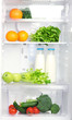 Open refrigerator with vegetarian food