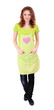 Young woman wearing kitchen apron, isolated on white