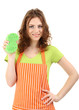 Photo: Young housewife with sponge, isolated on white Young housewife with sponge, isolated on white
