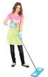 Young housewife with mop, isolated on white