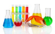 Photo: Test-tubes with colorful liquids isolated on white Test-tubes with colorful liquids isolated on white