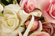 Wedding rings tied with ribbon on rose background