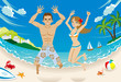 Happy couple  jumping in tropical beach