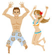 Happy couple  jumping, who wear swimsuit