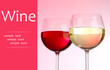 Two glasses with red and white wine on pink background