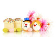 Easter eggs and two chicken toys isolated on white