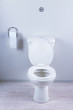 White toilet bowl and toilet paper in a bathroom