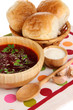 Delicious borsch on table close-up