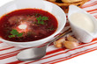 Delicious borsch on table close-up