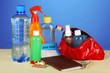 Travelling items on color background