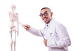 Funny doctor with skeleton isolated on white