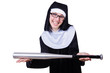 Nun with baseball bat on white