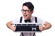 Nerd hacker with computer keyboard on white