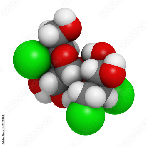Illustration: Sucralose artificial sweetener, molecular model Sucralose artificial sweetener, molecular model