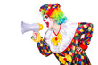 Clown with loudspeaker on white