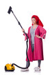 Woman working with vacuum cleaner on white