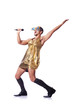 Man in female clothing singing with mic