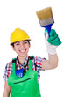 Woman painter with paintbrush on white