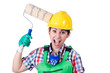 Photo: Woman painter with paintbrush on white Woman painter with paintbrush on white