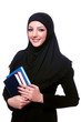 Young muslim woman with book on white