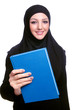 Young muslim woman with book on white