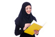Young muslim woman with book on white