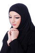 Muslim young woman wearing hijab on white
