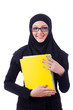 Young muslim woman with book on white