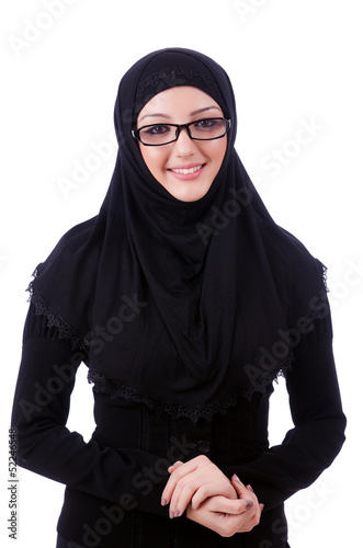 Photo: Muslim young woman wearing hijab on white Muslim young woman wearing hijab on white