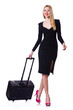 Businesswoman with suitcase on white