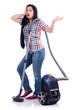 Young woman with vacuum cleaner on white