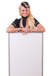 Stewardess with blank board on white