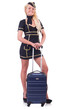 Woman travel attendant with suitcase on white