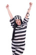 Prisoner in striped uniform on white