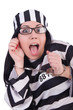 Prisoner in striped uniform on white