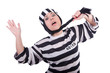 Prisoner in striped uniform on white