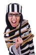 Prisoner in striped uniform on white