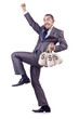 Man with sacks of money on white
