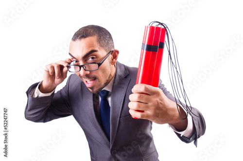 Photo: Businessman with dynamite isolated on white Businessman with dynamite isolated on white