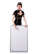 Stewardess with blank board on white