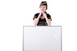 Stewardess with blank board on white