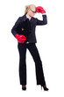 Photo: Woman businesswoman with boxing gloves on white Woman businesswoman with boxing gloves on white