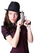 Woman gangster with handgun on white